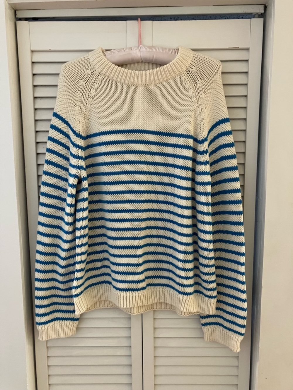 Zara Bright Blue and Ivory White Striped Crewneck Oversized Sweater Medium